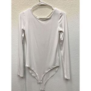 Forever 21 Bodysuit Long Sleeve White M Open Strap Back Snaps Stretch Pullover